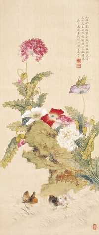 王斌 1910年作 花卉草虫 立轴